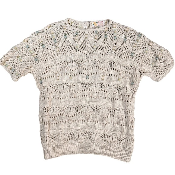 Sweaters - Vintage Handmade Pointelle Knit Short Sleeve Sweater M Openwork Cottage Rosettes